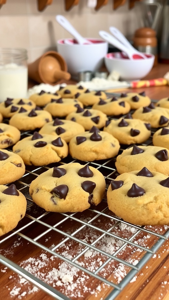 Golden brown chocolate chip cookies cooling on a wire rack in a rustic kitchen.
